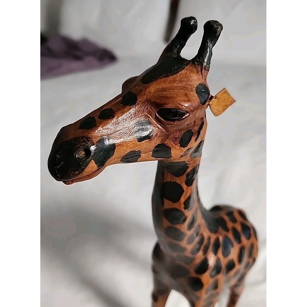 Vintage African Giraffe Sculpture Hand-Painted Leather Wrapped 15" Glass Eyes - Picture 5 of 10
